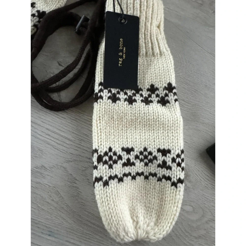 rag & bone BROOKE‎ WOOL Mittens with Neck cord IVORY FAIR ISLE One Size NEW $150